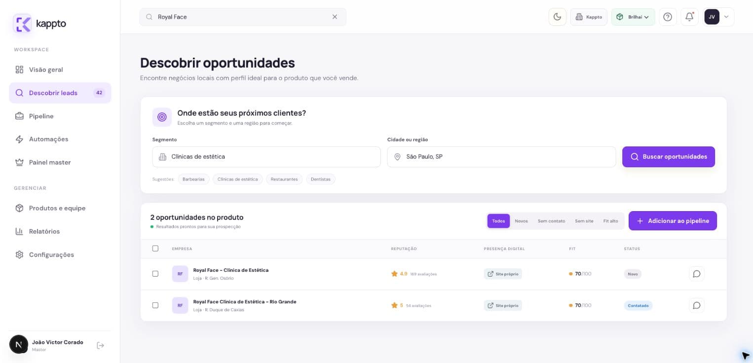 Tela real da Kappto mostrando uma busca por Royal Face e os leads encontrados